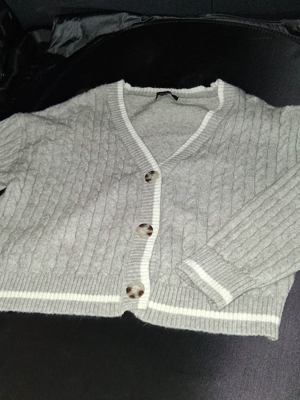 Love Tree Light Gray Cable-Knit V-Neck Button Cardigan with Cream Trim